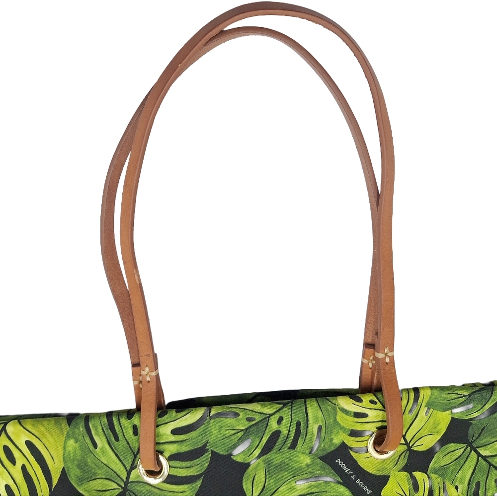 Dooney & Bourke Green Tropical Leaf Canvas Tote with Tan Leather Straps - Picture 7 of 11